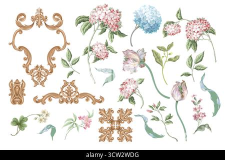 Victorian floral hydrangea and baroque elements isolated. Vector Stock Vector