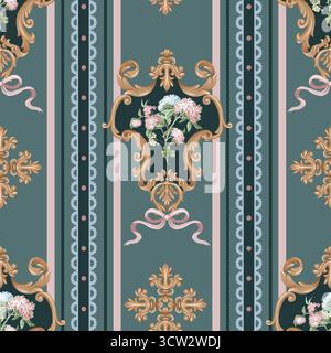 Victorian floral hydrangea stripe baroque ornament luxury pattern vector seamless background Stock Vector