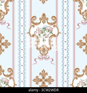 Victorian floral hydrangea stripe baroque ornament luxury pattern vector seamless background Stock Vector