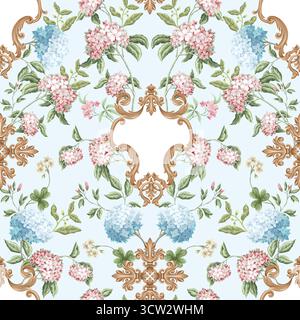 Victorian floral hydrangea baroque ornament luxury pattern vector seamless background. Stock Vector