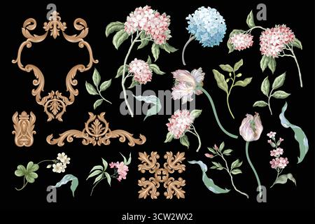 Victorian floral hydrangea and baroque elements isolated. Vector Stock Vector