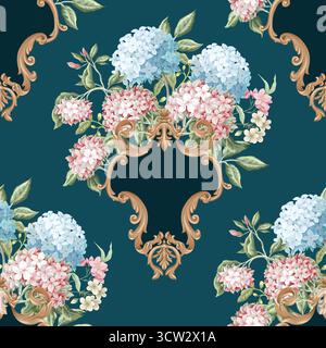 Victorian floral hydrangea baroque ornament luxury pattern vector seamless background. Stock Vector