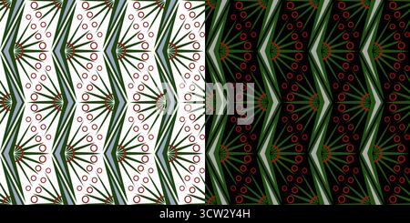 Set of green red geometric seamless pattern. Vector decorative vertical zigzag ornament of polygonal shapes. Offbeat creative abstract linear repeatin Stock Vector