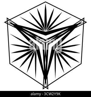 Black ornamental geometric fantasy element. Monochrome multirayed star on white background. Unusual geometric mandala. Rays in hexagon. Polygonal orna Stock Vector
