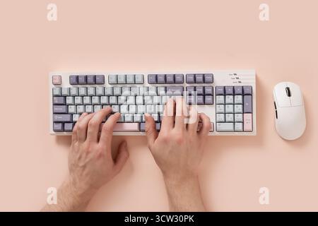 Mans hands texting and typing on modern mechanical keyboard and mouse on pink desk as background. Colorful pink and gray key cap. View from above. Fla Stock Photo