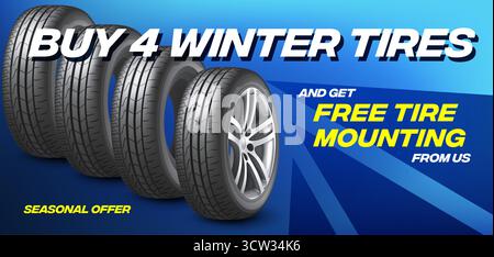 Car tires shop banner with discount offer, blue background. Euro flyer template for winter wheels sale promotion, sporty clean design, automotive Stock Vector