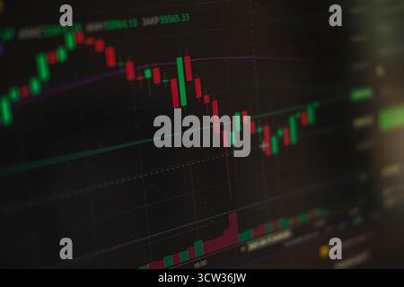 Financial chart, stock analysis data on digital screen. Cryptocurrency growth charts. Blur and selective focus Stock Photo