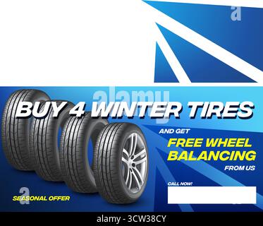 Car tires shop banner with discount offer, blue background. Euro flyer template for winter wheels sale promotion, sporty clean design, automotive Stock Vector