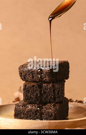 Warm Fudge Brownie with Chocolate Drizzle Stock Photo