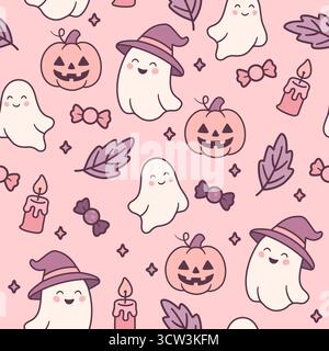 Seamless Halloween pattern with ghosts, pumpkins, candies, and leaves Stock Vector