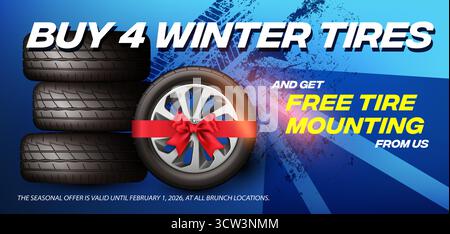 Car tires shop banner with discount offer, blue background. Euro flyer template for winter wheels sale promotion, sporty clean design, automotive Stock Vector