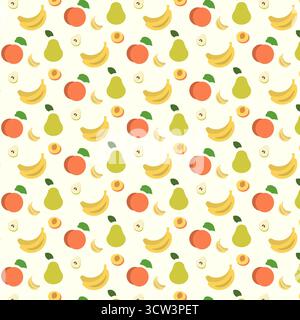 A vibrant pattern showcases various fruit icons including bananas, pears, and apples on a light background. This design is perfect for brightening kitchens or fruit-related projects. Stock Vector