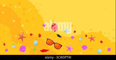 Summer Beach Background with Sand, Seashells, and Sunglasses. Stock Vector