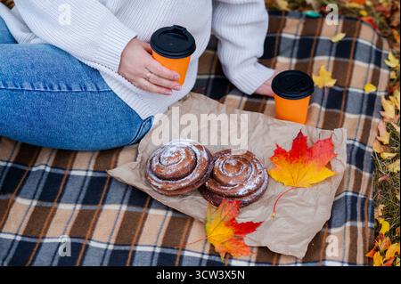 Close-up autumn picnic scene with partial view of woman in sweater sitting on plaid blanket, holding coffee cup near cinnamon rolls and colorful fall Stock Photo