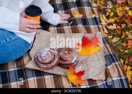 Close-up autumn picnic scene with partial view of woman in sweater sitting on plaid blanket, holding coffee cup near cinnamon rolls and colorful fall Stock Photo