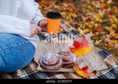 Close-up autumn picnic scene with partial view of woman in sweater sitting on plaid blanket, holding coffee cup near cinnamon rolls and colorful fall Stock Photo