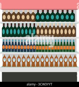 Supermarket shelf with food products inside, flat cartoon design Stock Vector