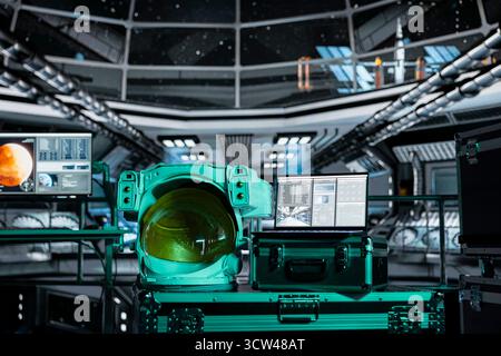 Close up of space helmet next to laptop in spaceship displaying mission analytics panel with flight metrics. Astronaut gear next to notebook screen showing spacecraft performance data Stock Photo