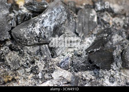 Close-up of charcoal with ash, showing the texture and remnants of burned wood in black and white, creating a natural background. Stock Photo
