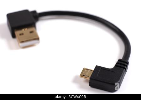 USB to micro USB cable plug isolated on white background. Right-angled connectors and sockets for PC and mobile devices Stock Photo