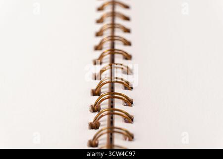 Blank spiral bound notebook. Close-up of blank paper notebook in a binder with metal ring binding, macro, real photo Stock Photo