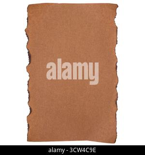 Kraft paper isolated on white background. Close up of old vintage burnt edges kraft paper, antique blank cardboard scroll mockup, copy space Stock Photo