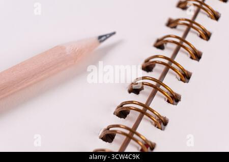 Spiral notebook and pen. Close-up of blank paper notebook in a binder with metal ring binding, macro Stock Photo