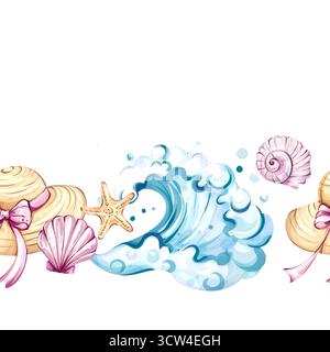 Seamless pattern background wallpaper featuring summer elements like beach hats, waves, seashells, and starfish for a vibrant vacation feel Stock Vector