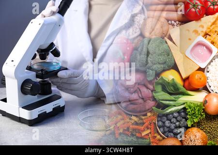 Food quality analysis. Laboratory worker using microscope, double exposure with different products Stock Photo