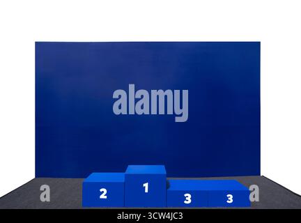Blue podium for sports awards isolated on white background. Sport winner award stand. Achievement and competition concept. Prize numbers. Free space f Stock Photo