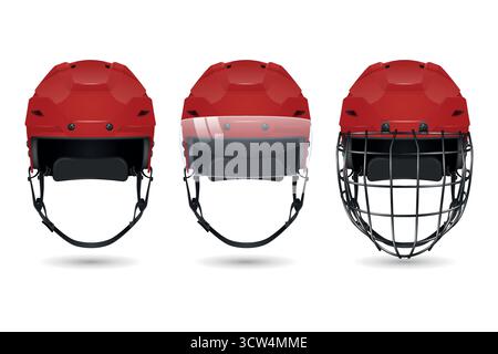 Vector 3d Realistic Hockey Helmet Set. Front View Red Helmets, Plain, With Visor, with Cage. Clean Isolated on White For Ice Hockey Safety and Stock Vector