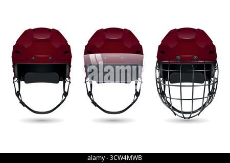 Vector 3d Realistic Hockey Helmet Set. Front View Red Helmets, Plain, With Visor, with Cage. Clean Isolated on White For Ice Hockey Safety and Stock Vector