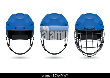 Vector 3d Realistic Hockey Helmet Set. Front View Blue Helmets, Plain, With Visor, with Cage. Clean Isolated on White For Ice Hockey Safety and Stock Vector