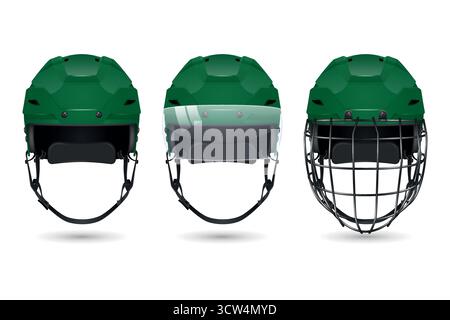 Vector 3d Realistic Hockey Helmet Set. Front View Green Helmets, Plain, With Visor, with Cage. Clean Isolated on White For Ice Hockey Safety and Stock Vector