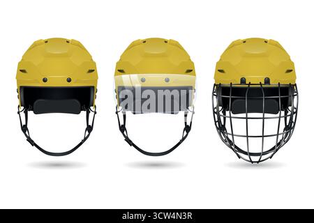 Vector 3d Realistic Hockey Helmet Set. Front View Yellow Helmets, Plain, With Visor, with Cage. Clean Isolated on White for Ice Hockey Safety and Stock Vector
