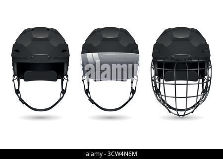 Vector 3d Realistic Hockey Helmet Set. Front View Black Helmets, Plain, With Visor, with Cage. Clean Isolated on White for Ice Hockey Safety and Stock Vector