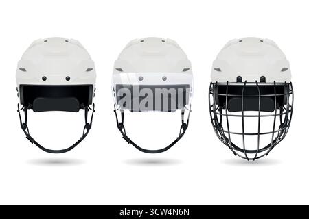 Vector 3d Realistic Hockey Helmet Set. Front View White Helmets, Plain, With Visor, with Cage. Clean Isolated on White for Ice Hockey Safety and Stock Vector