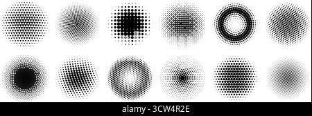 Halftone radial gradient collection. Dotted textured round patterns. Comic faded circles background set. Pixelated element pack for frame, poster, collage, banner, flyer. Vector cartoon bundle Stock Vector