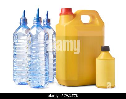 collection of automotive radiator coolant fluids, distilled water and flush isolated white background, mock-up template of essential car maintenance Stock Photo
