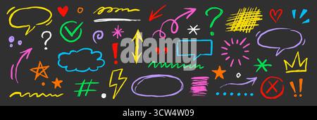 Line chalk arrow, frame, underline color elements on blackboard. Hand drawn crayon pencil, texture brush stroke scribble doodle chalkboard elements. Marker arrow, sketch square. Vector illustration Stock Vector