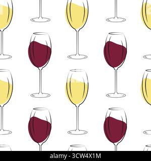 Contour Wine Glasses with Red and Wine Spots as Wine in Glass Seamless Pattern Themed Cards Backdrop. Isolated Vector illustration Holidays or Wine Thematic Cards Background Poster, leaflet, price tag Stock Vector