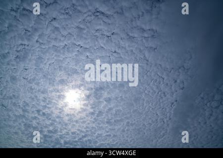 The sculpture at the Karon Beach roundabout in Phuket stands beneath a sky filled with small, fluffy clouds, gently diffusing the sunlight and casting Stock Photo
