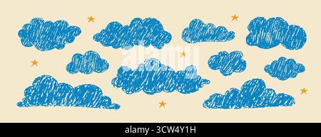 Blue crayon cloud doodles on pastel sky. Whimsical hand drawn weather elements for baby room decor. Vector illustration Stock Vector