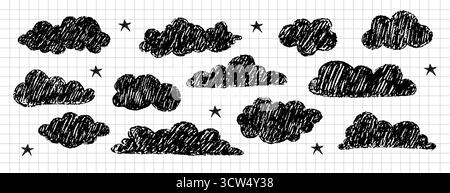 Gothic black crayon cloud pack. Dark whimsical sky elements for Halloween or mystic art. Vector illustration isolated on checkered notebook sheet Stock Vector