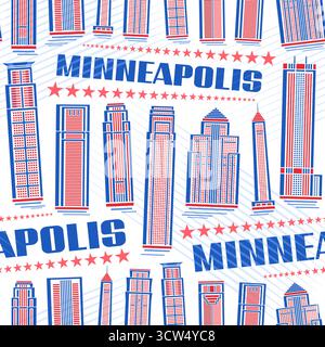 Vector Minneapolis Seamless Pattern, urban repeating background with simple illustration of famous minneapolis city scape on white backdrop, decorativ Stock Vector