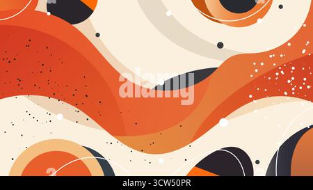 abstract retro modern background featuring organic waves and circles in warm orange terracotta beige with black contrast created for mid century inspi Stock Vector