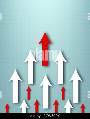 group of white arrows and one tall red arrow rising sharply upward on a blue grid background showing leadership growth success and business progress r Stock Vector