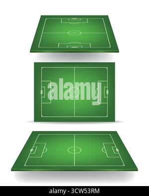 Soccer Field Set, Vector Illustration. Green Soccer Field Top View, Isometric and Perspective Soccer Field Layout, Football Pitch Markings, Stadium Stock Vector
