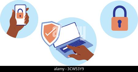 Empowering digital safety with secure mobile access, fortified laptop defense, and reliable padlock protection illustrated in a sleek modern vector st Stock Vector