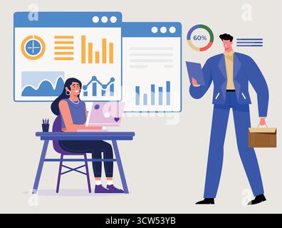 Empowered woman analyzing data charts with her manager, observing growth metrics in a clean, modern vector style. Stock Vector